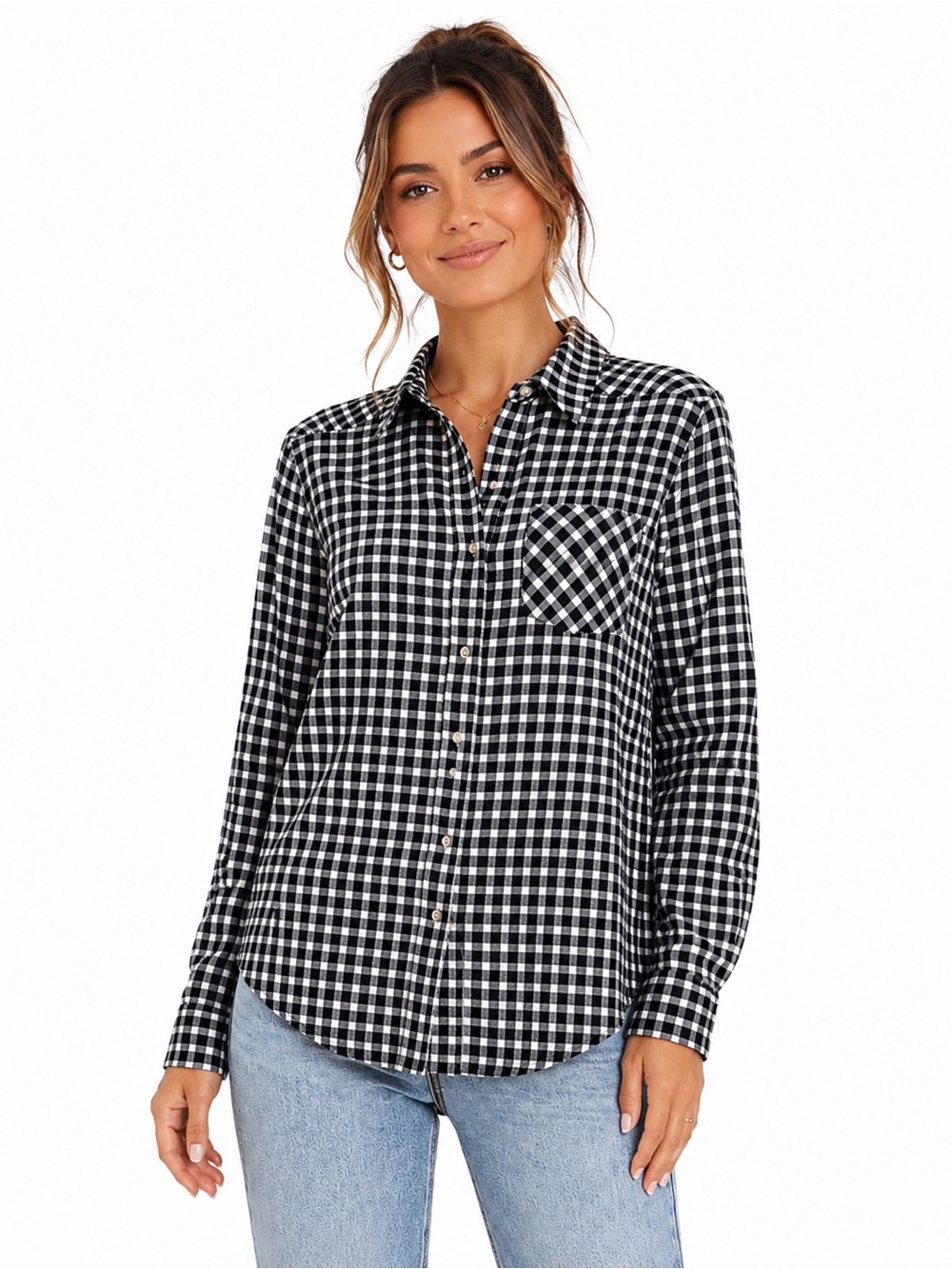 Women Paige Black & White Checkered Pattern Gingham Cotton Button Up Shirt Sz S
